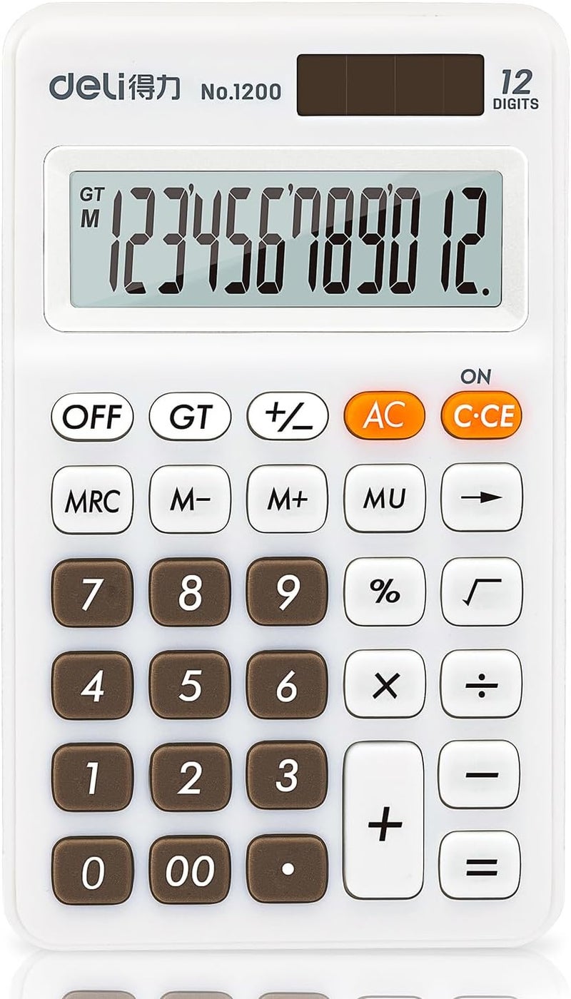 Deli Standard Function Basic Calculator, 12 Digit Desktop Calculator with Large LCD Display, Solar Battery Dual Power Office Calculators, White - Image 1